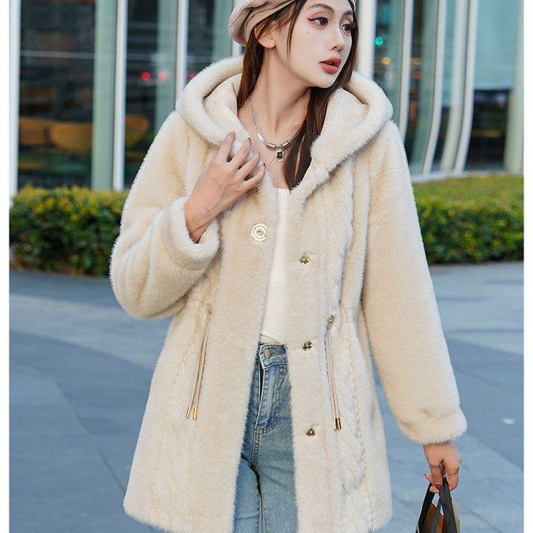 Mink Fur Hooded Mid-Length Winter Coat for Women