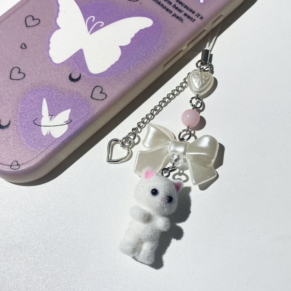 Flocking Cat Cat Bow Keychain Phone Strap Y2k Bowknot Keyring Furry Kitten Keychain Women Girls