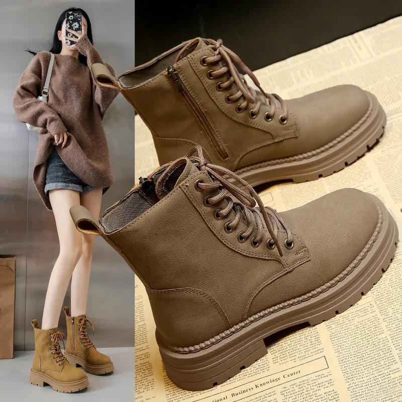 Women's Fashion Boots Retro Leather Ankle Boots Women Luxury Soft Sole Short Boots New Platform Non-slip Round Toe