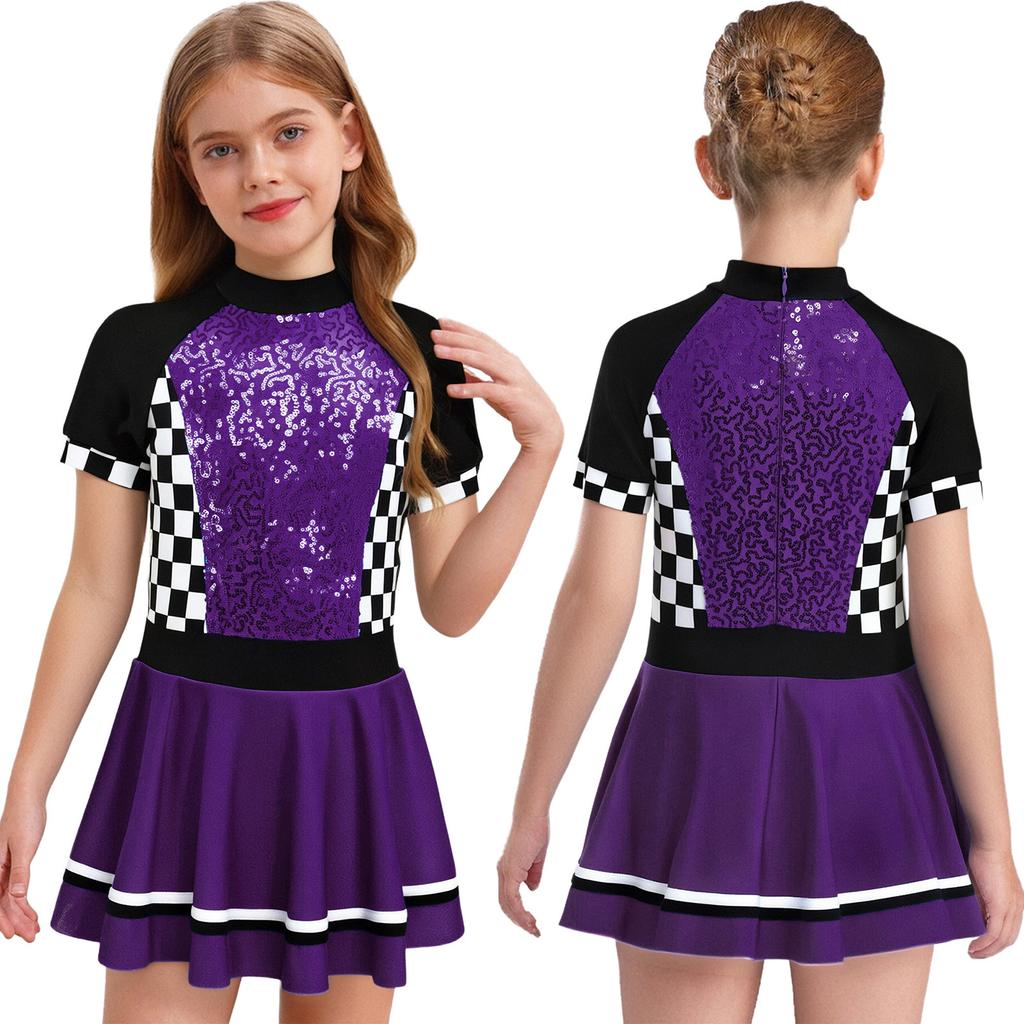 Girls Checkerboard Shiny Sequins Race Dress Mock Neck Short Sleeve Back Invisible Zipper with Built-in Briefs for Halloween Theme Party