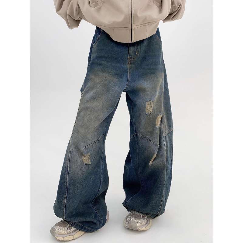 Джинсы JYL Унисекс Широкие Американский Винтаж Рваные Bootcut Деконструированные Прямые Деним S средний небесно-голубой