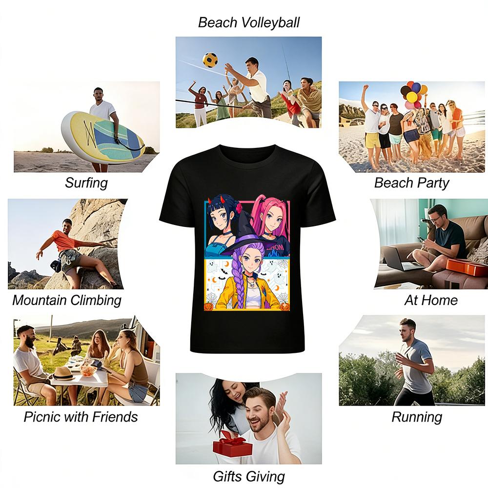 Halloween Themed Anime Girls Print Top Trendy Cartoon Style Festival Vibe Casual Crewneck T-Shirt Pure Cotton T-shirt