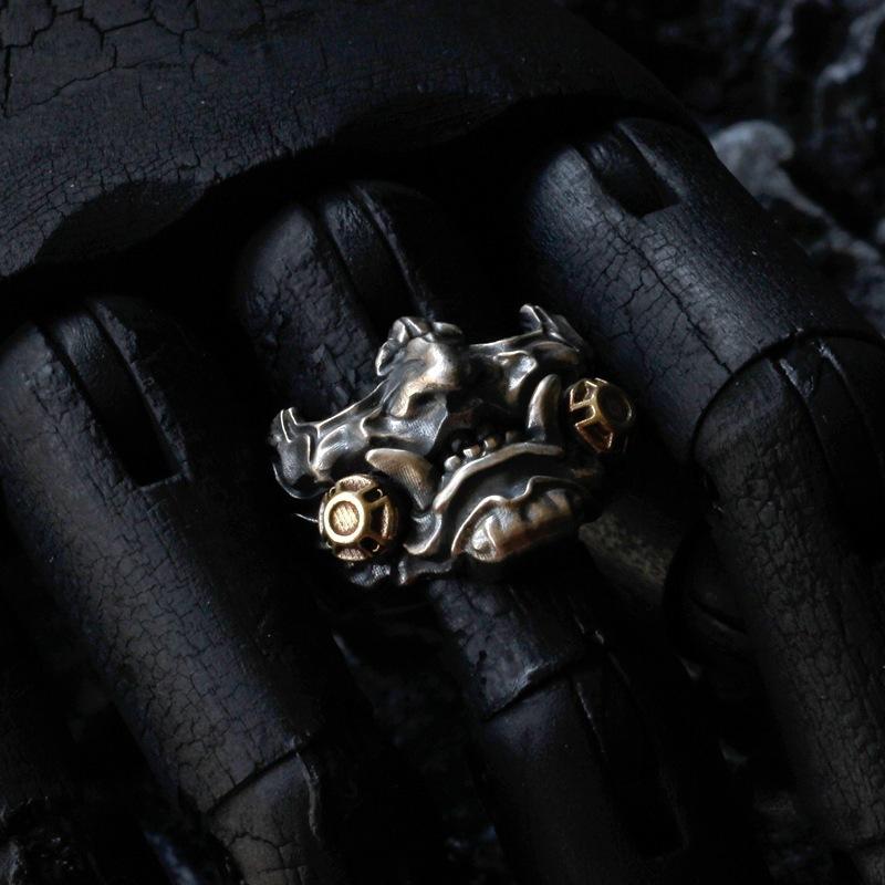 Retro Samurai Cyberpunk Mask Ring Punk Gothic Adjustable Open Ring For Men Copper Designer Jewelry Biker Accessories Unisex Gift