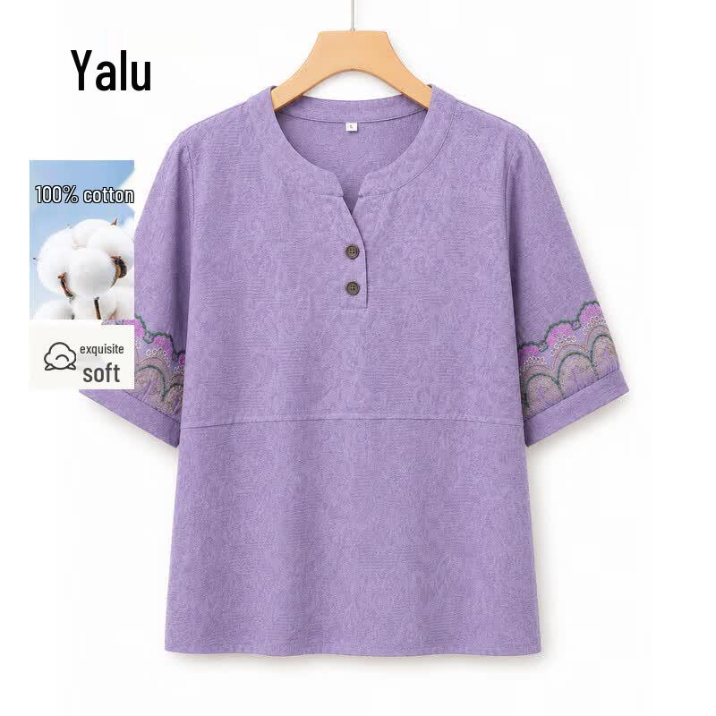 YaLu Women s Mid-Aged Pure Cotton Embroidered Short Sleeve Top & Set 4XL