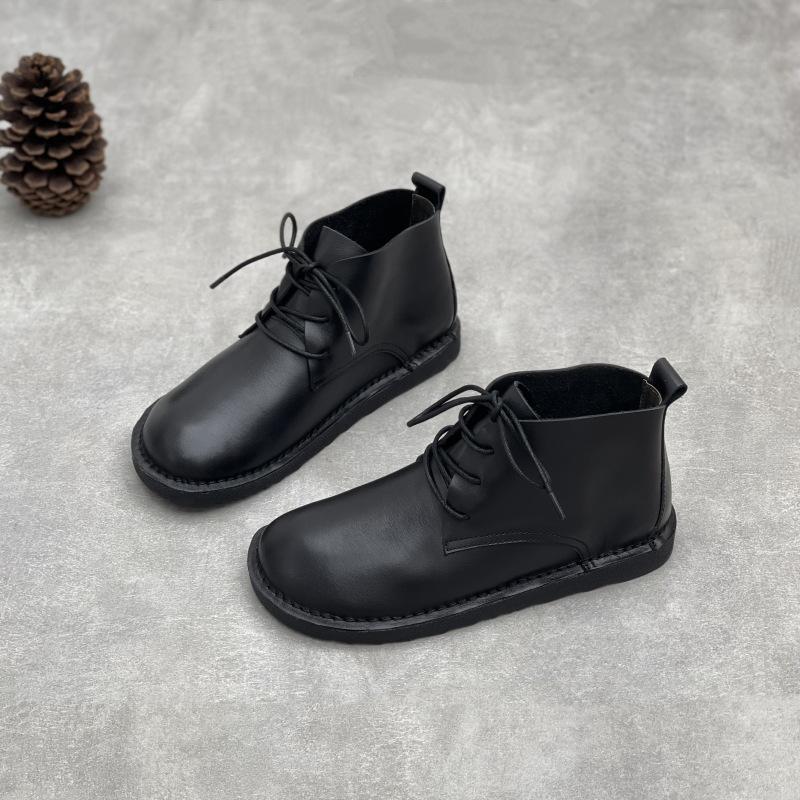 Johnature Handmade Genuine Leather Ankle Boots Casual Soft Cowhide Round Toe Lace Up Flat Women's Shoes