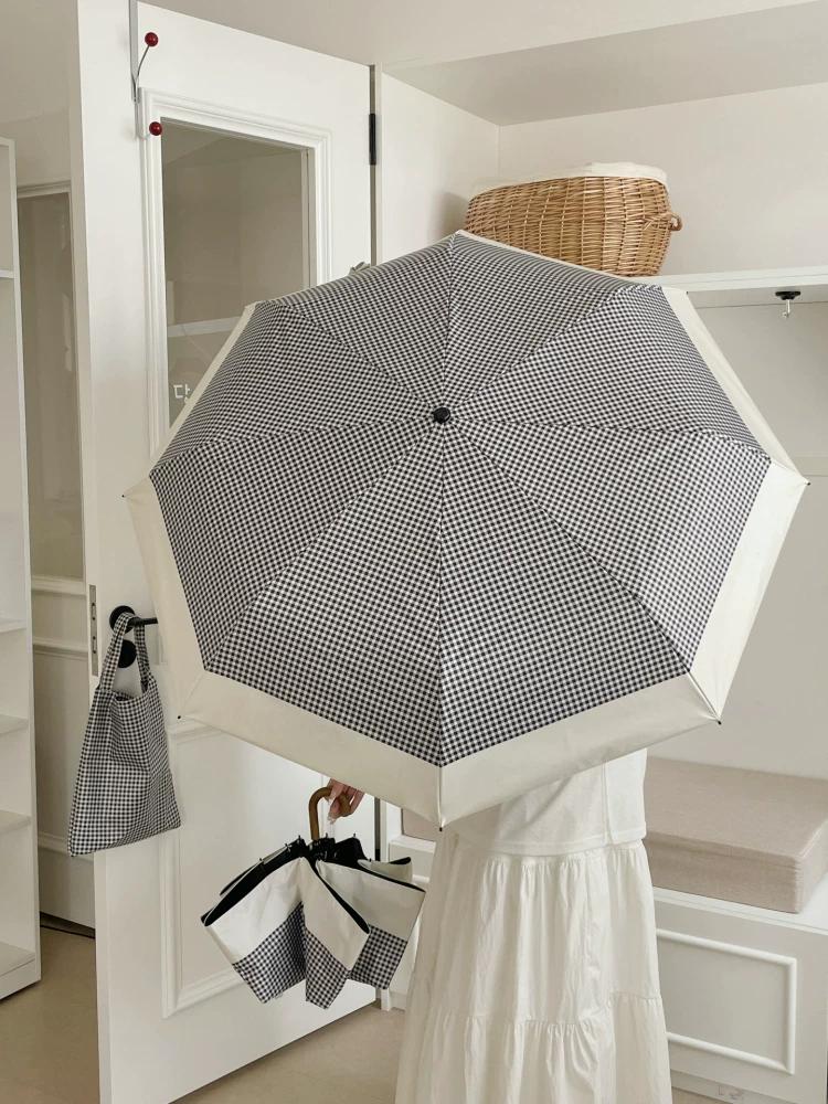 INS Black and White Plaid Sun Protection Umbrella Foldable and Portable Umbrella Female Dual-Use Black Glue UV Protection Umbrella