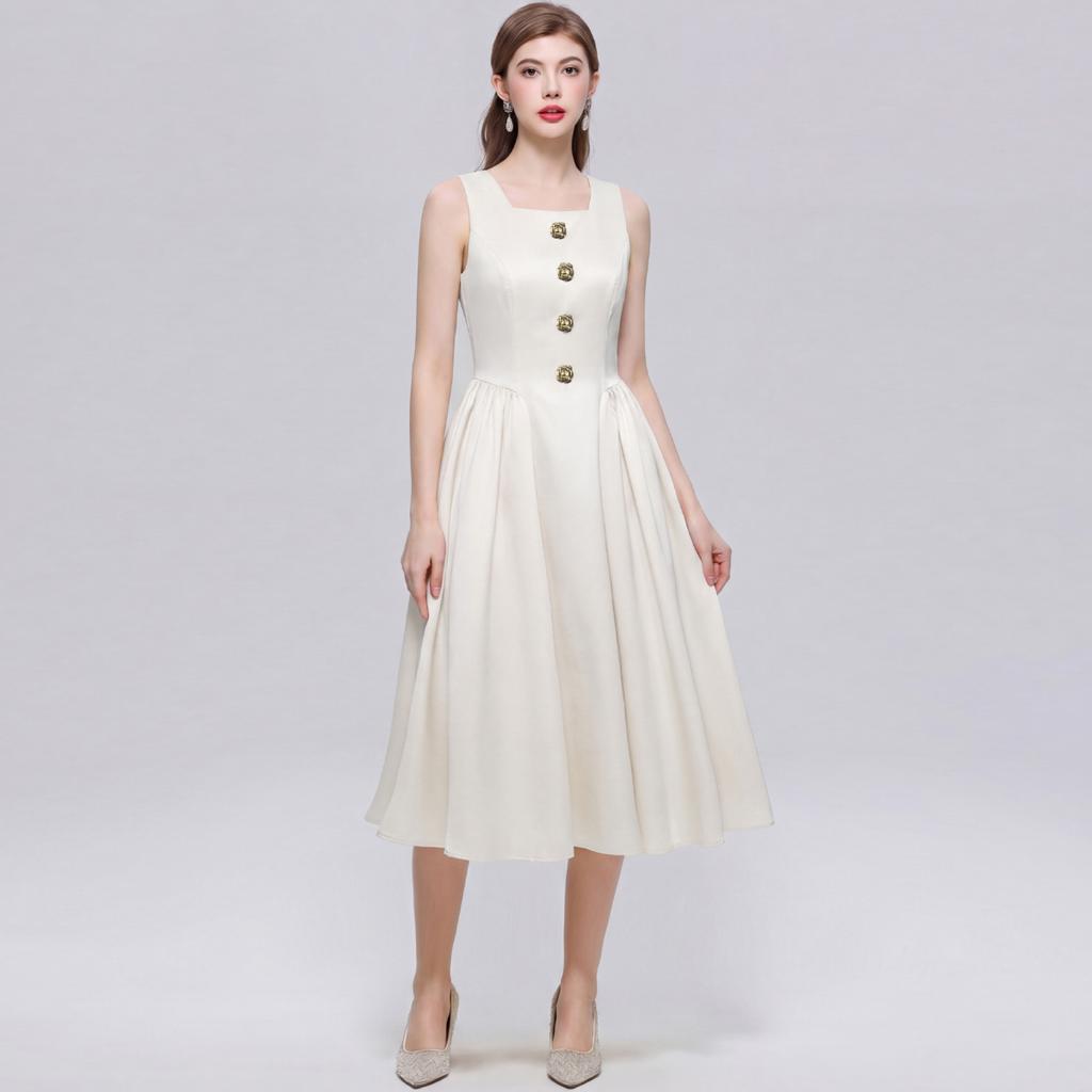 Elegant Sleeveless Satin Dress for Women Luxurious Solid Color Flower Buttons Summer Autumn Formal Evening Party Vestidos