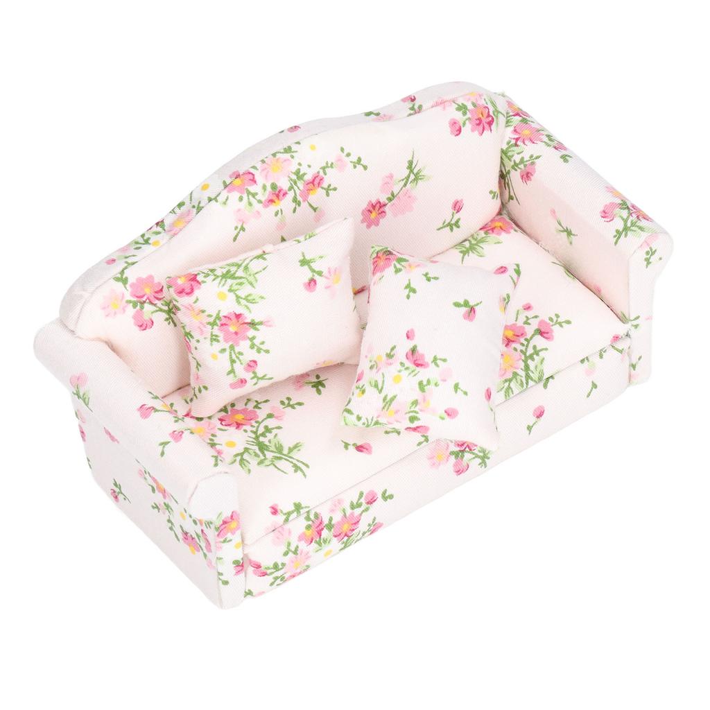 Miniature Sofa 1/12 Scale Pink Green Flower Pattern Birch Wood Dollhouse Double Sofa for Birthdays Gift DIY Game