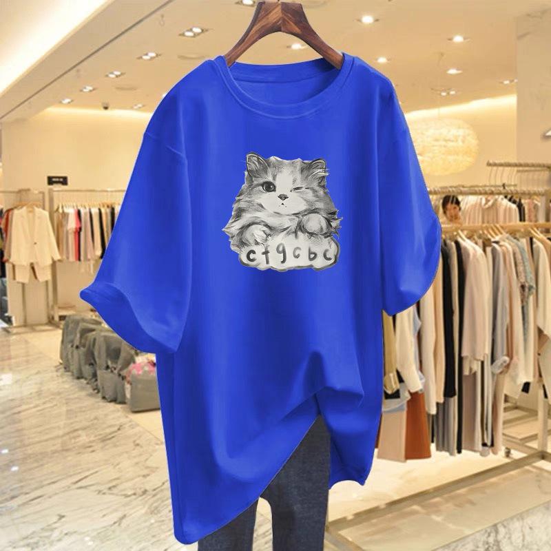 Women's Summer Loose Cartoon Cat Print Cotton T-Shirt
