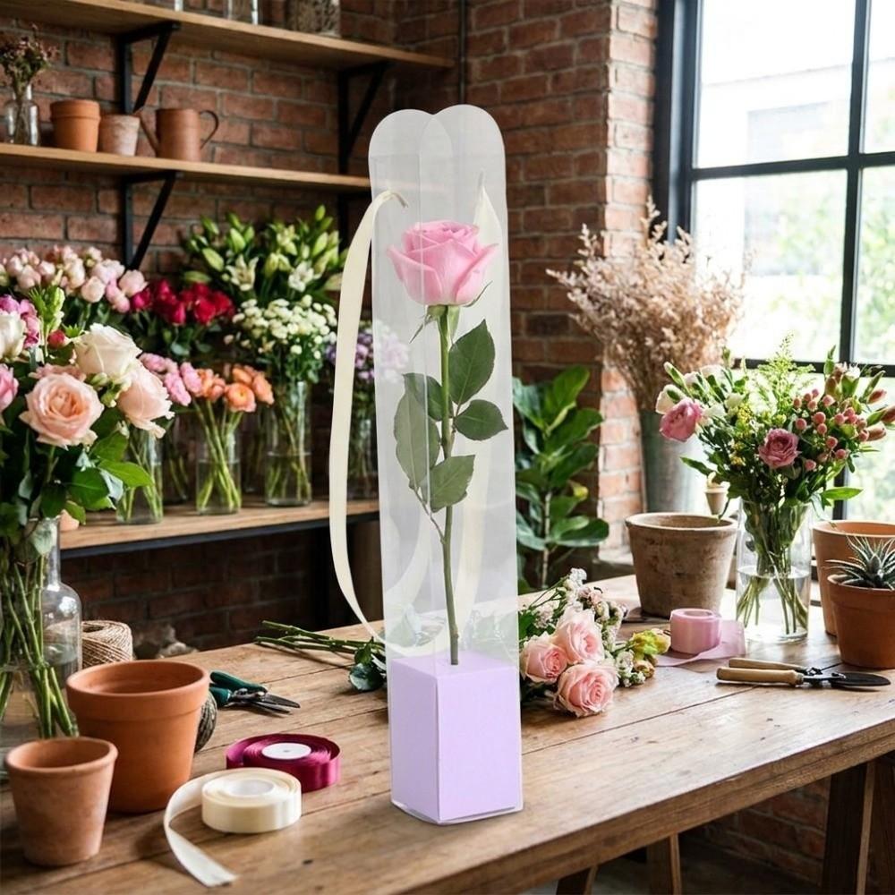 5PCS/Set Transparent Flower Packaging Boxes Plastic Portable Rose Wrapping Boxes Handheld Flower Arrangement Bags