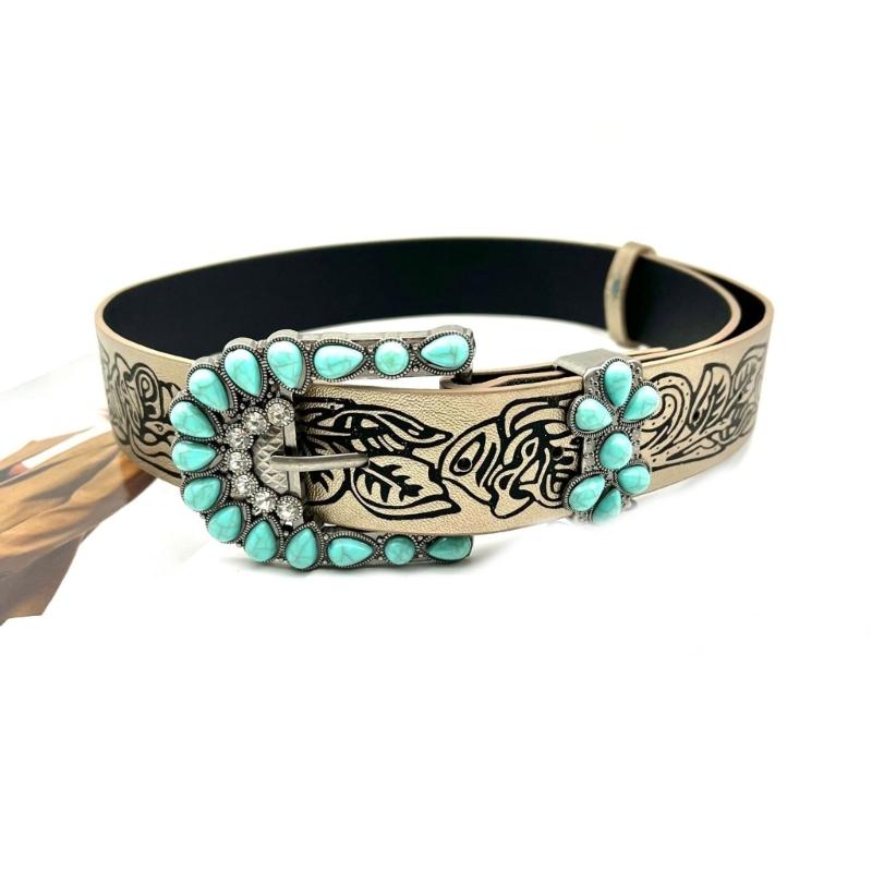 Elegant Western PU Belt Embossed Pattern Waistband Jeans Waiststrap Waist Decors Women Turquoises Buckle Waist Belt