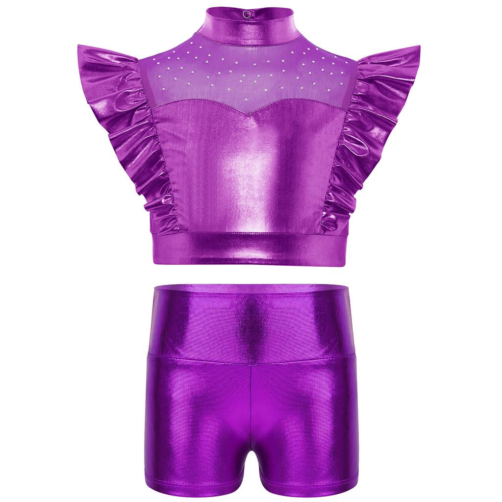 Dětský třpytivý taneční outfit s kamínky, s vysokým límcem, bez rukávů, kovový volánkový top a odpovídající lesklé šortky pro jazzovou soutěž