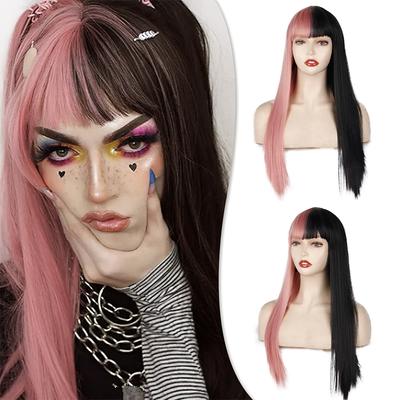 Schwarzes, rosa Haar, synthetische, lange, glatte Perückenverlängerung mit Pony, weiches Naturhaar, Perücken für Frauen, Cosplay, Party, Kostüm