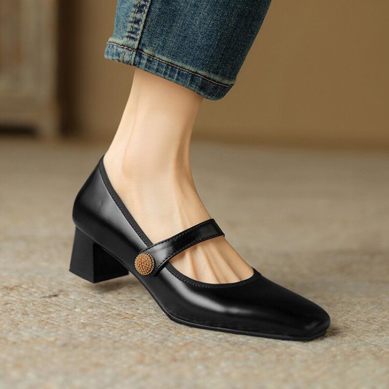 New Casual Beef Tendon Soft Sole Comfortable Women's Single Shoes Wear In All Seasons Women's Shoes Medium Heel Black Square Heel Small Leather Shoes