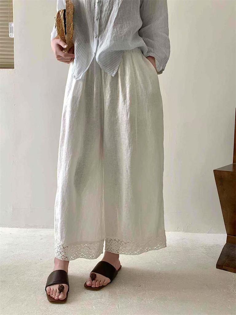 Johnature Japońskie Spodnie Patchworkowe z Koronki Vintage Kobiety Casual Proste Luźne Spodnie Lato