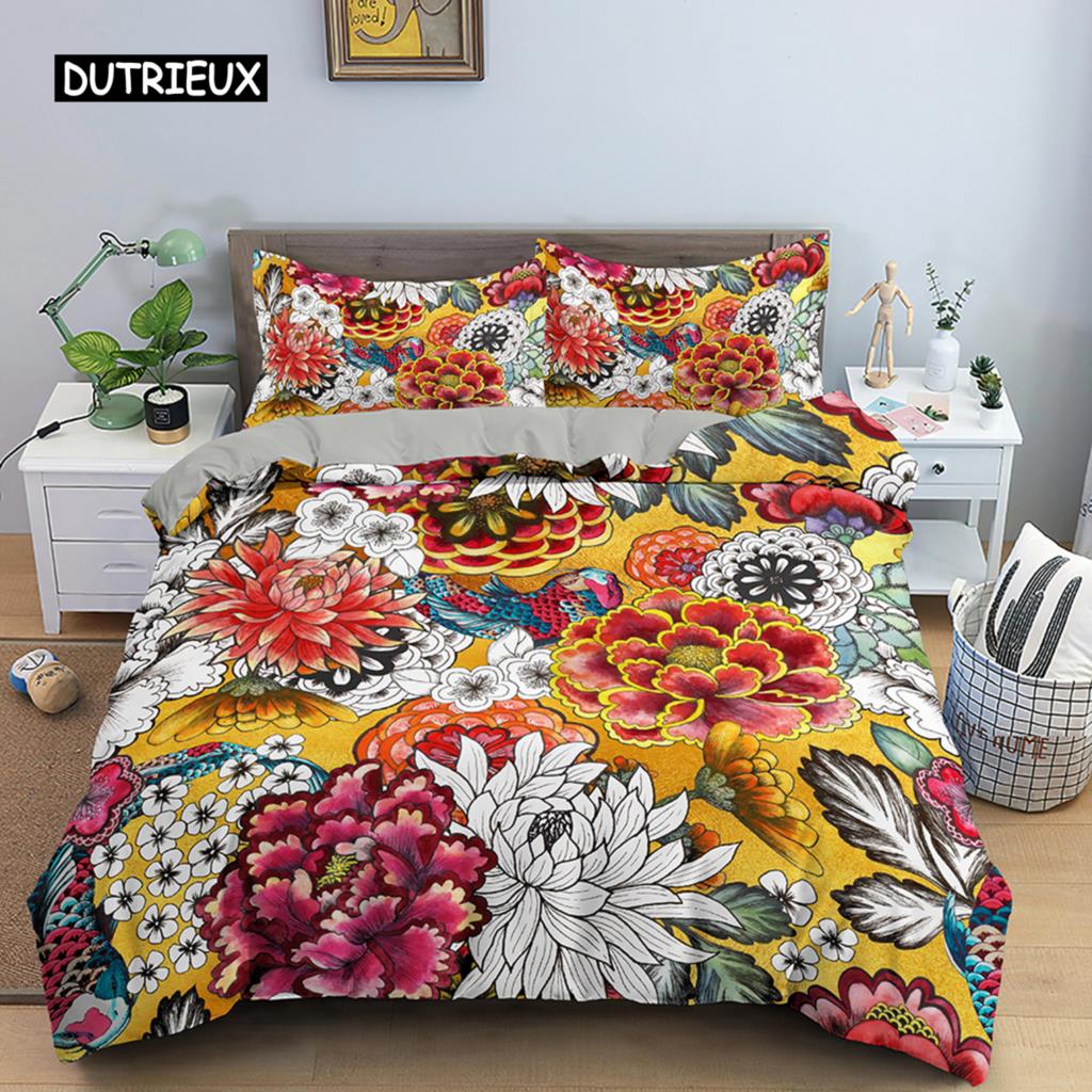Vintage Blume König Königin Bettbezug, Pfingstrose Sonnenblume Bettwäsche-Set, Tropischer Blumen Steppdeckenbezug Boho Bettdeckenbezug