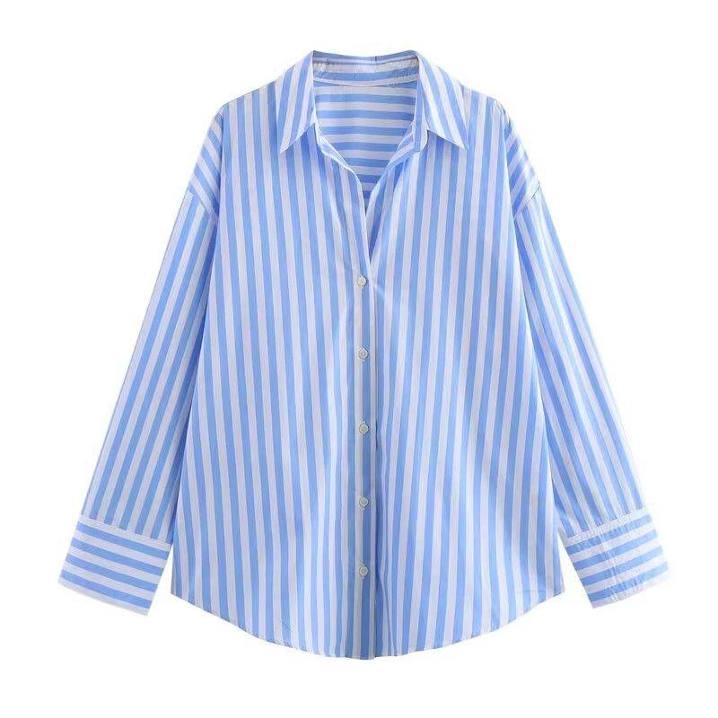 

Western Style 2025 Spring New Women clothes All-Match Stripe Poplin Cotton Long sleeve Lapel Shirts 8372056 Blue Stripe L