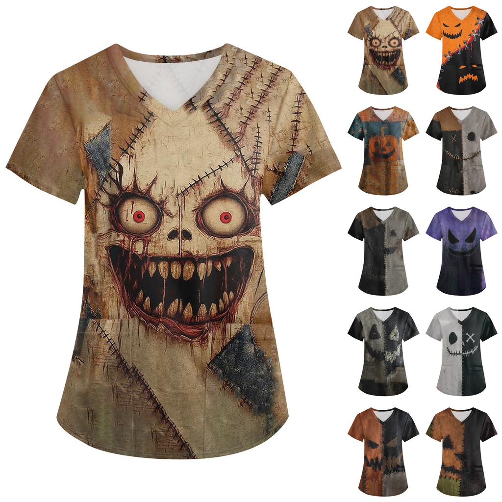 Women's Printing Uniform Work Uniform V-neck Pockets Basic Short Sleeve Pullover Top