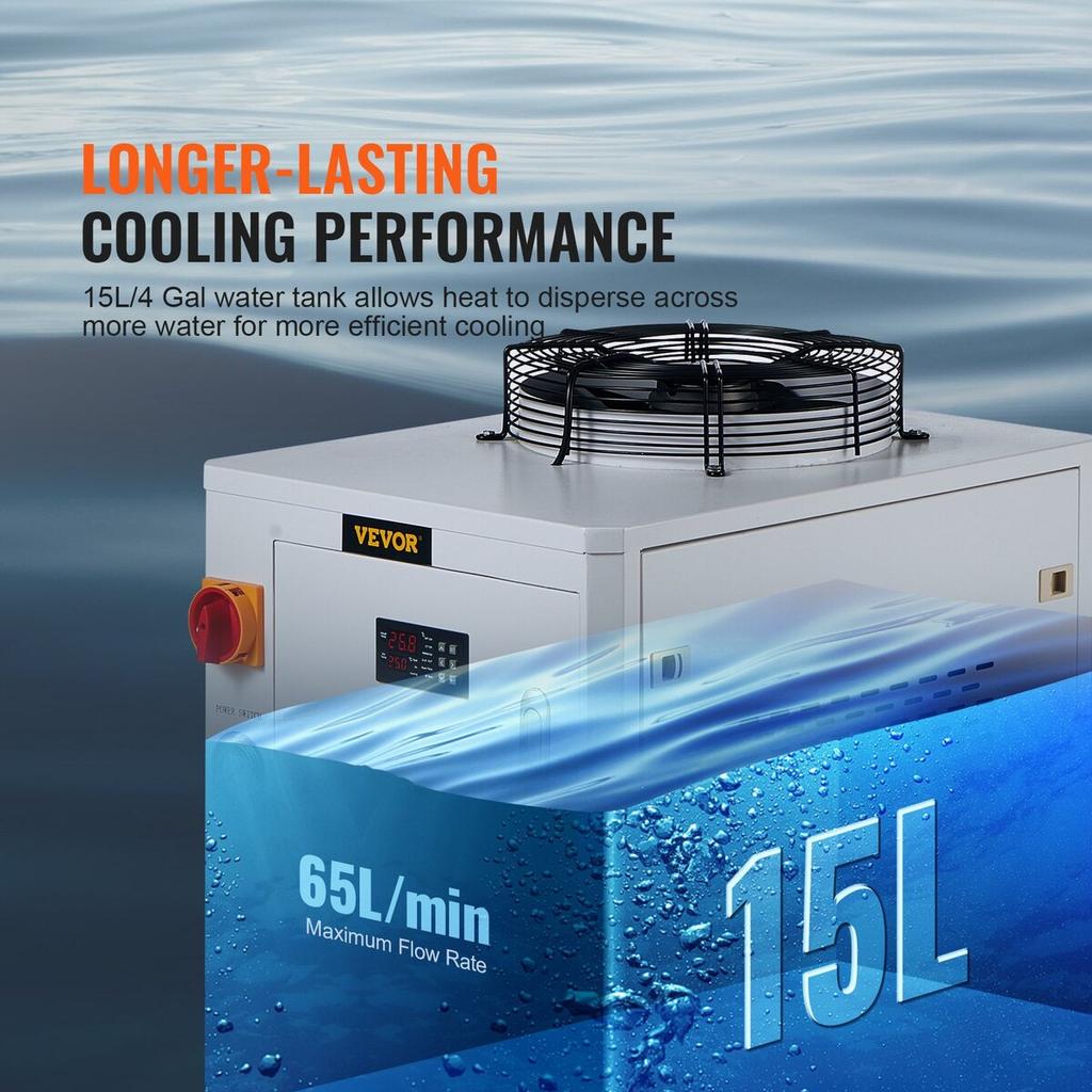 Industrial Water Chiller CW6000, 1500W Water Chiller Cooling System with Compressor, 15L Water Tank Capacity, 65L/min Max Flow Rate, for CO2 Laser