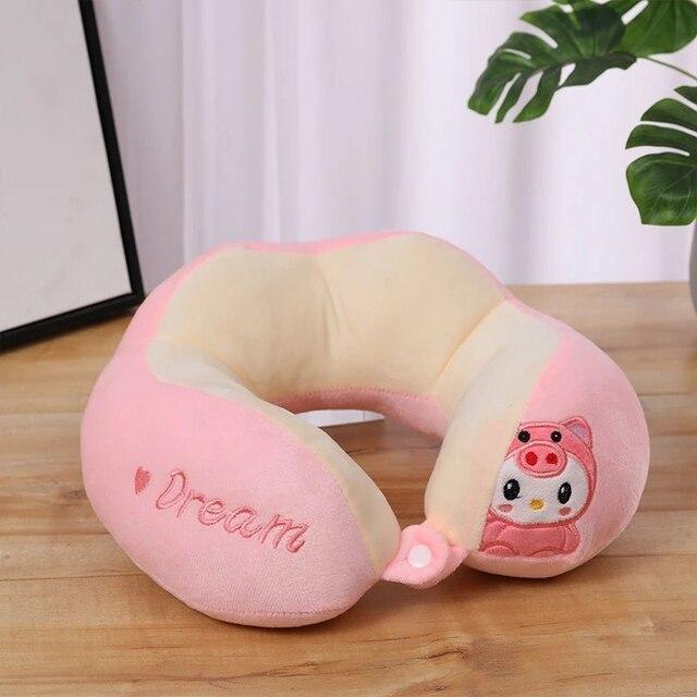 Cute Travel Pillow with Ear Cartoon Neck Pillow for Kids Memory Foam Animal Pillow U Shaped Cushion Plush for Airplane Train
