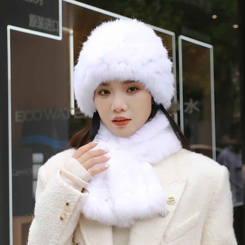 2024 New Winter Hat Women's Rabbit Hair Warm Ear Protection Pineapple Hat Dome Fashion Versatile Mom Hat Set