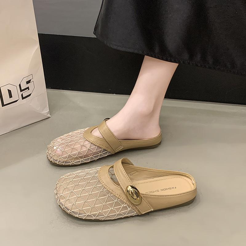 2025 Women's Flat Bottom Slip-On Sandals Summer Outdoor Wear Fisherman's Net Shoes Half Slippers Fashionable Slippers