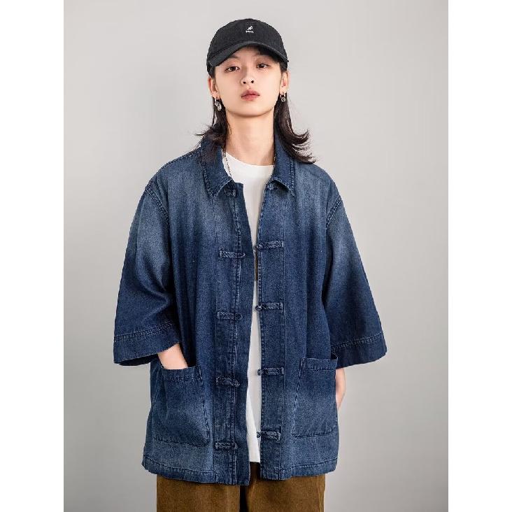 Retro Denim Workwear Short Sleeved Shirt, Men'S And Women'S Summer Fashion Brand, Japanese Retro Half Sleeved Trend, Cool And Loose Shirt