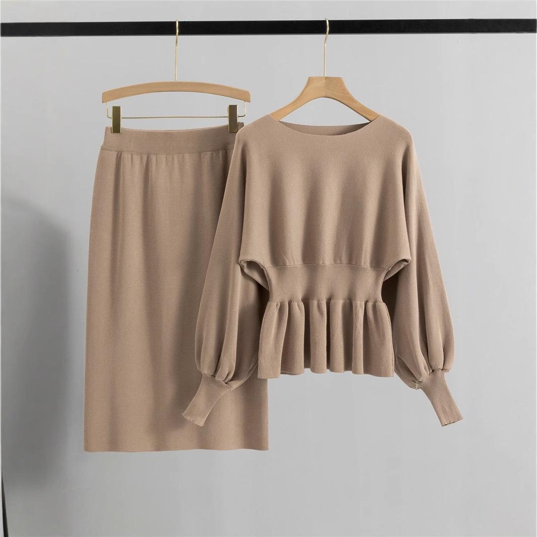 

European Lantern Sleeve Bodycon Midi Skirt Set - French Socialite Style One Size хакі