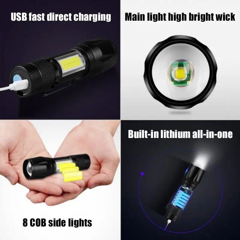 LED Mini Torch USB Rechargeable Flashlight COB+XPE Light Portable Waterproof Penlight Lantern For Camping Fishing Emergency Lamp