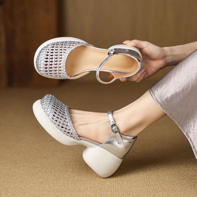 Fashion Thick-heeled Woven Bag Head Sandals Women's Summer 2025 New Versatile Height-increasing Casual Hollow Pig Cage Shoes