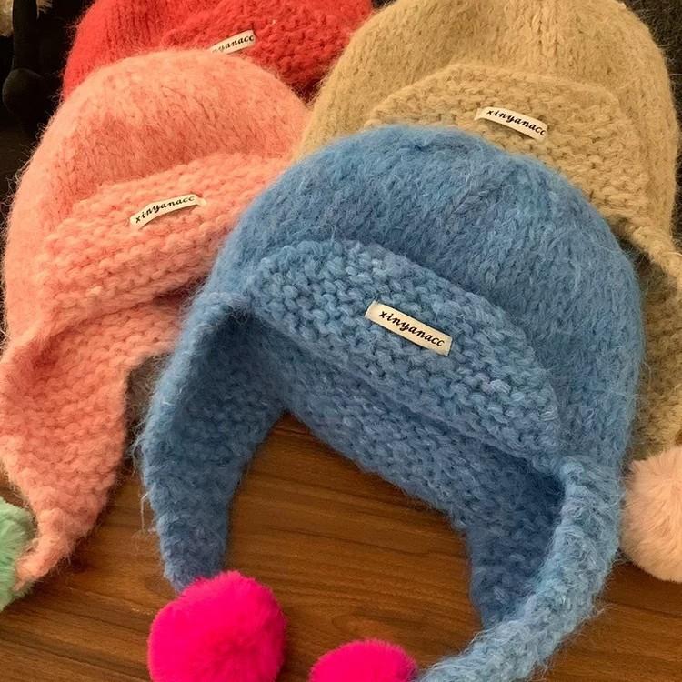 Colorful Wool Ball Knitted Woolen Hat for Women To Keep Warm in Autumn and Winter Korean Style Ear Protection Lei Feng Hat That Looks Smaller