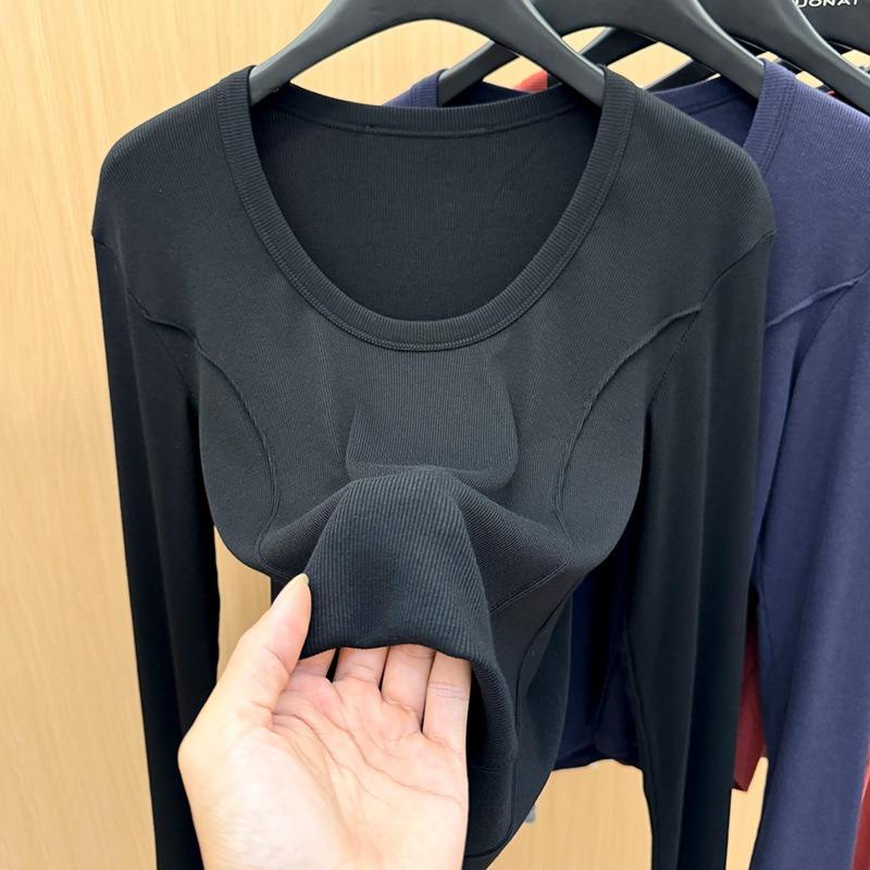 Simple front shoulder long-sleeved t-shirt women's spring new women's clothing slim-fit round neck t-shirt fish bone waist top