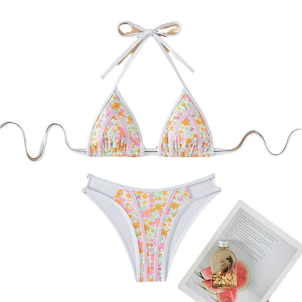 Triangle Tie Small Floral Print Sexy Two Piece Bikini Set Elegant Beach Wear