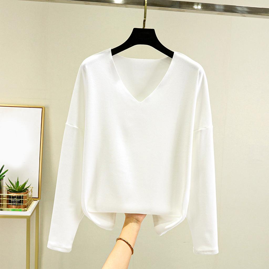 Ladies' Loose Comfortable Casual Fashionable And Large Size Warm Underwear With Seamless  V-Neck And Thick Velvet Long Sleeves Top