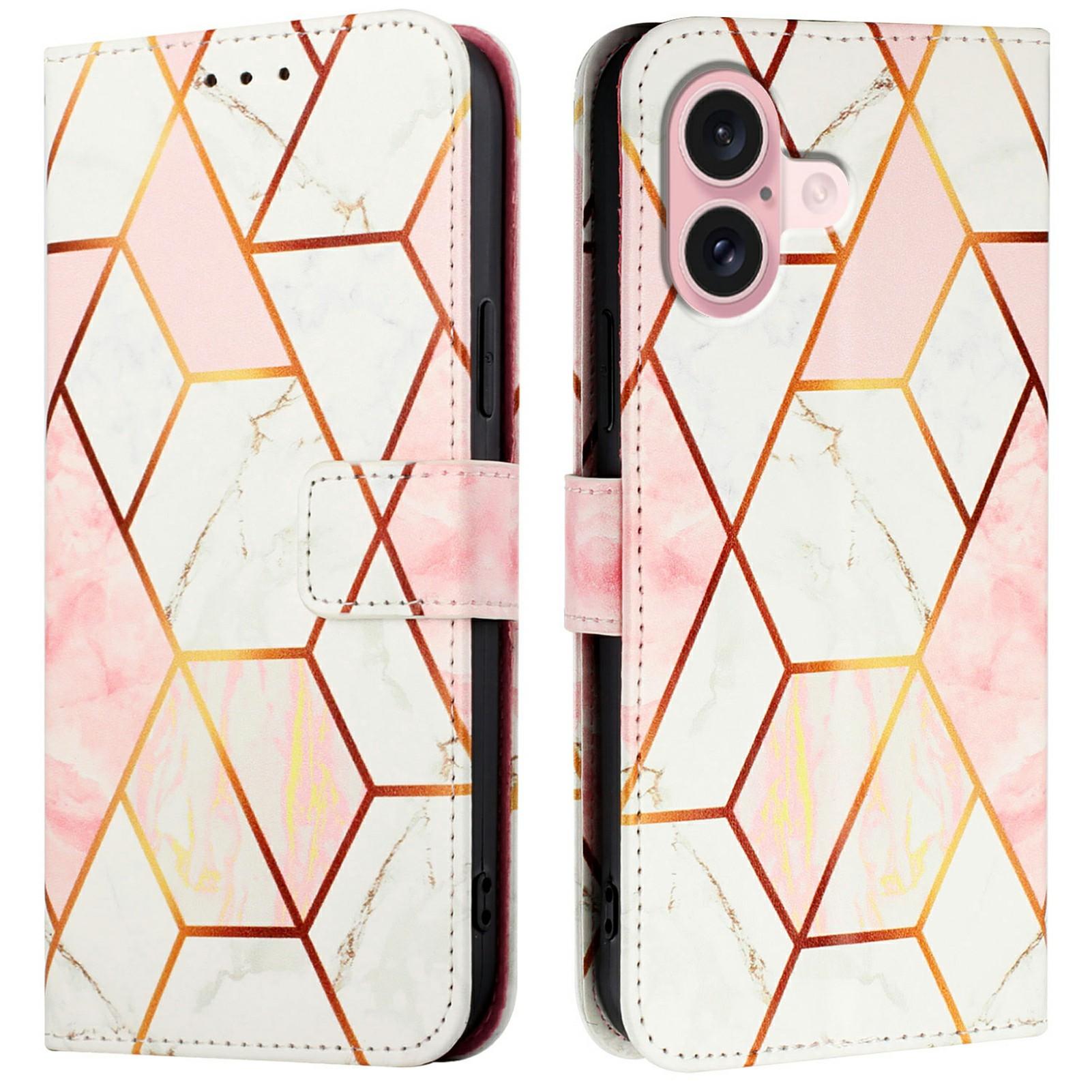 

For iPhone 16 Plus Leather Case with Shoulder Strap Marble Pattern Phone Stand Cover D