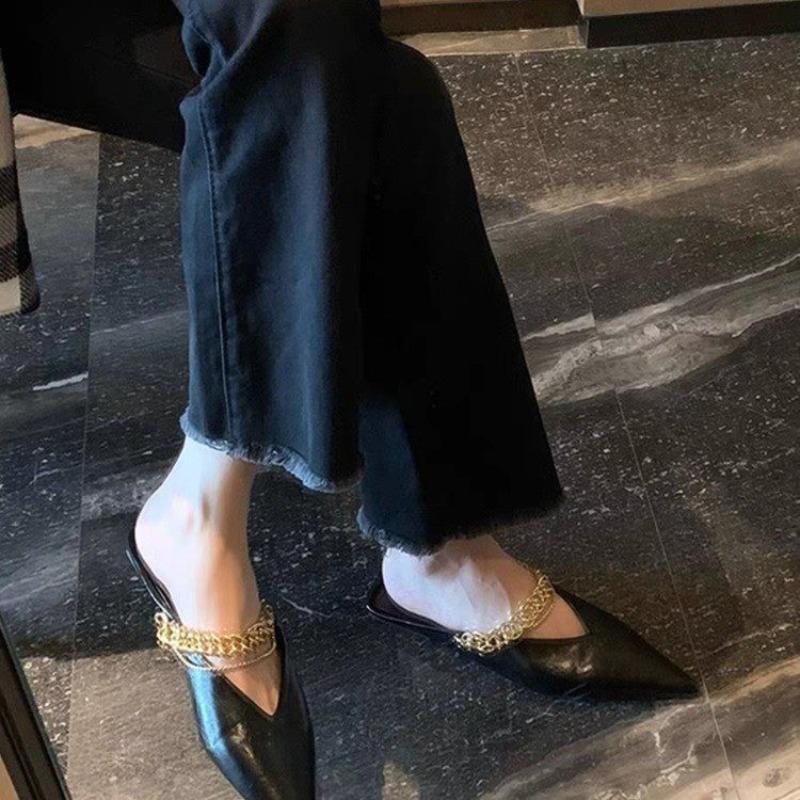 Fashion Pointed Toe Half Slippers Women's Outside Wear New Summer Baotou Shallow Mouth Metal Chain Soft Slip Flat Shoes