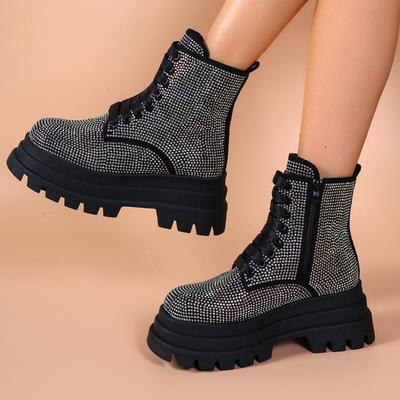 Fashion Women's Fashion Chunky Single Boots Autumn New Round Front Lace-up Side Zipper Full Drill Platform Ankle Boots