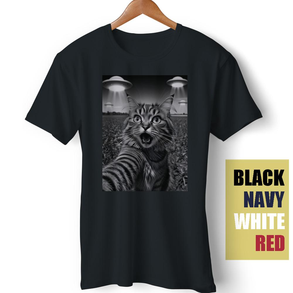 Селфи кошки с инопланетным НЛО Котёнок Любитель кошек Мем Забавный подарок Винтажная футболка Унисекс футболка XXL