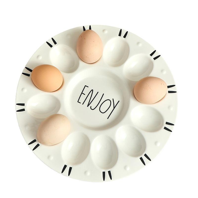 Ceramic Egg Tray with High Temperature Resistance, Household Cartoon Plate, Non-slip Bottom, Simplicity Kitchen Tableware