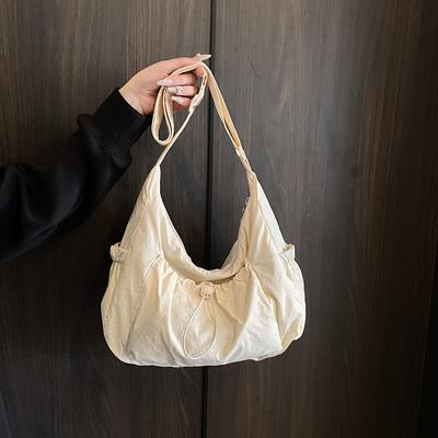 New Large-capacity Lightweight Bag Women's Casual Simple Literary and Artistic Shoulder Bag Fashionable Solid Color Drawstring Messenger Bag