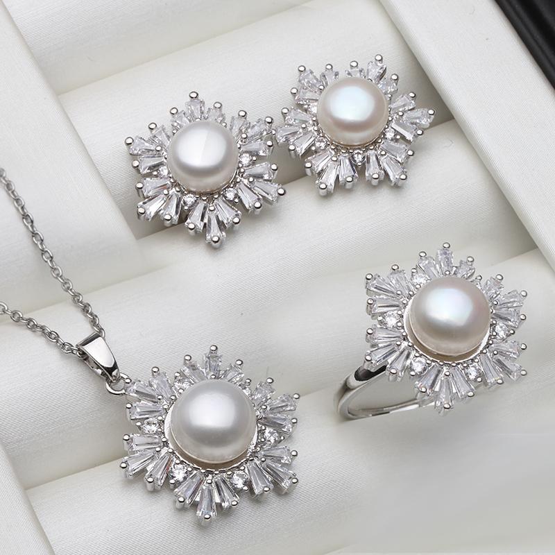 

Real White Black Freshwater Natural Pearl Set Women,Wedding 925 Silver Necklace Earring Sets Jewelry Anniversary Gift