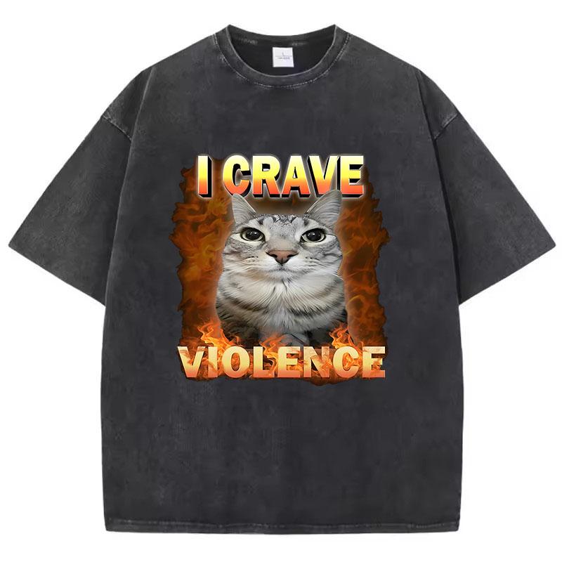 Mode Oversized T-shirt Vintage Tvättad Bomulls-T-shirt Konst Katt Grafisk T-shirt Casual Streetwear Vår Sommar