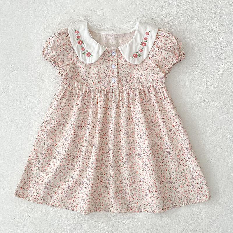 

New Summer Floral Embroidered Collared Dress for Girls - Lightweight Korean Style with Short Sleeves 110 cm
