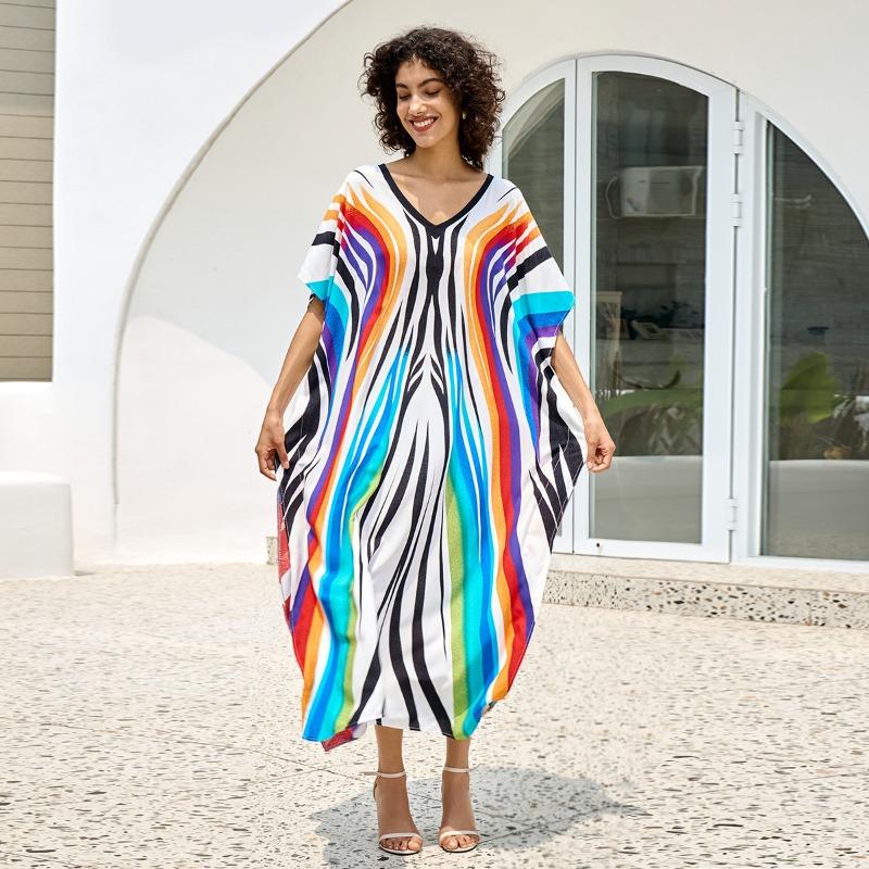 Vestidos Casuales de Moda para Mujer Verano Primavera Estampado Color Block Mangas 1/2 Cuello en V Cintura Holgada