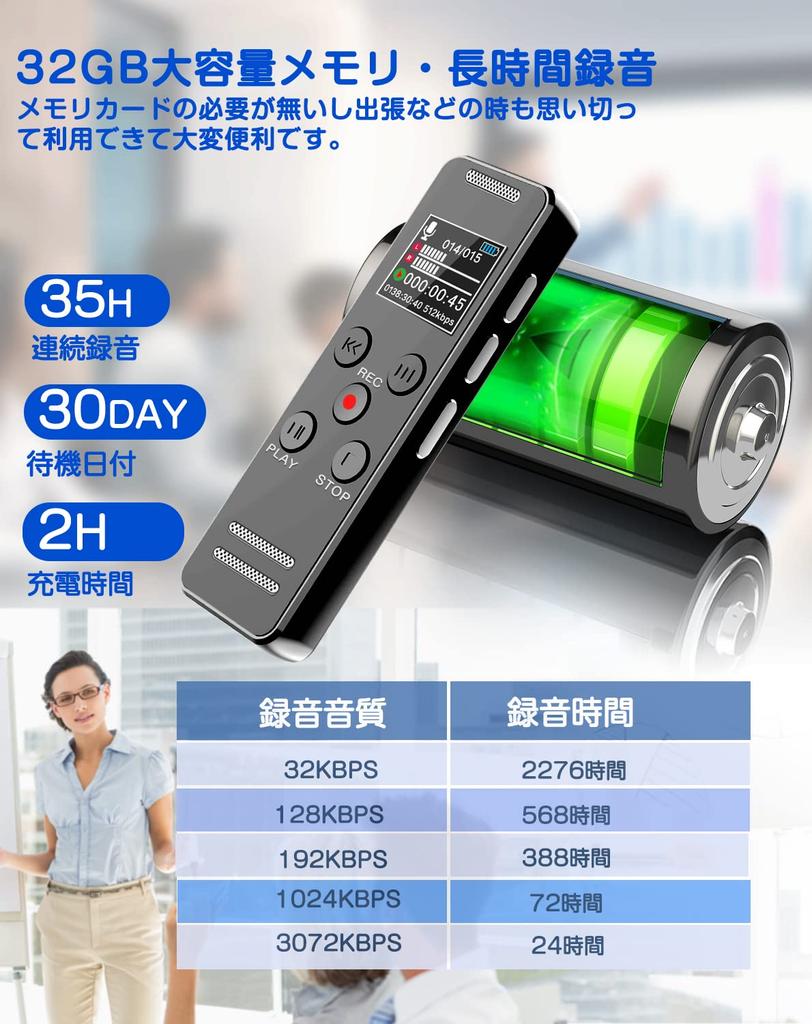 [32GB Large Capacity & 2276 Hours of Recording Storage] QZT Voice Recorder, IC Recorder, 32GB, 3072kbps, Ultra-Compact, Long Recording Capacity, 2276