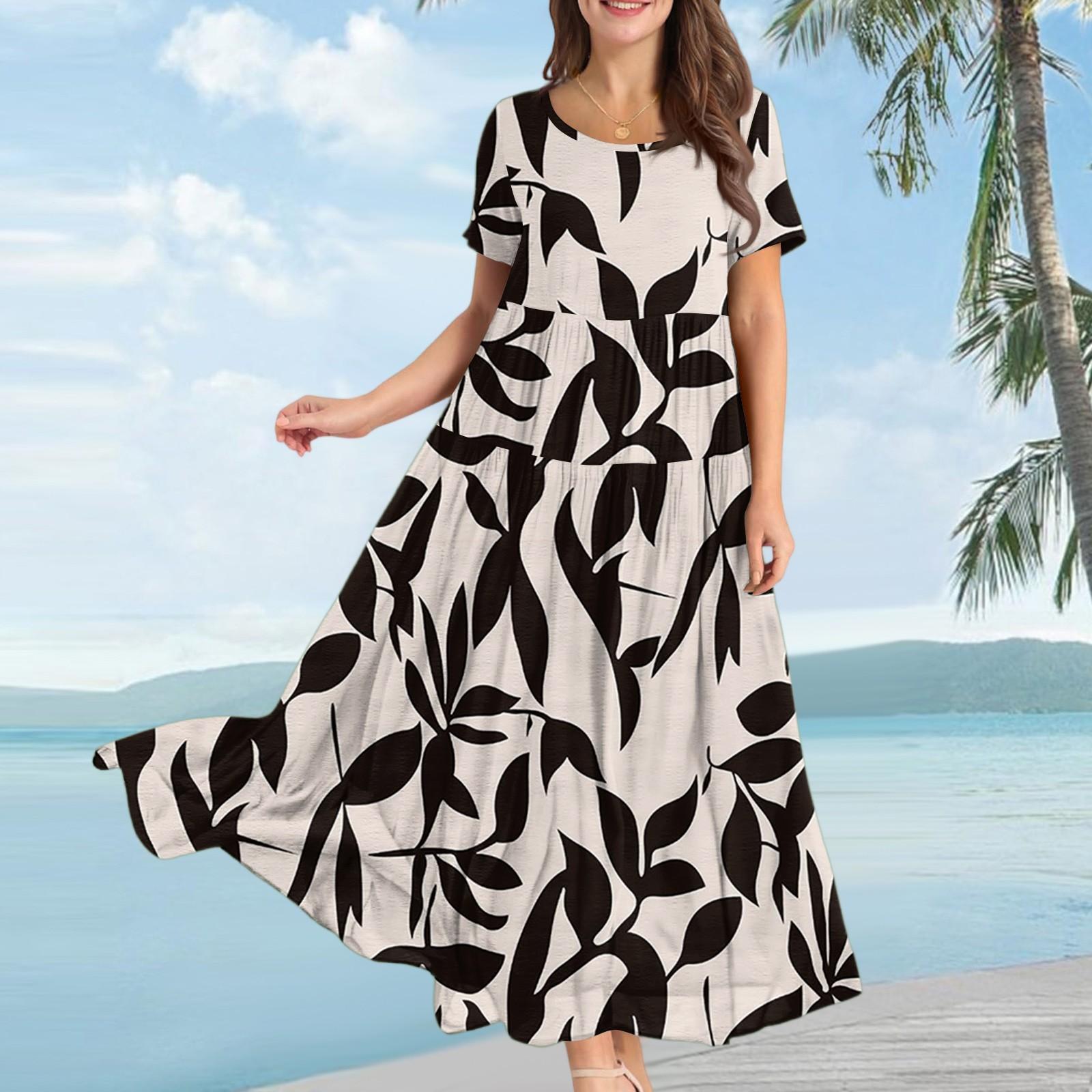 

Женское повседневное свободное богемное платье с цветочным принтом, длинное макси-платье с коротким рукавом, летнее пляжное платье-качели L бежевый