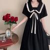 Large Size Fat Mm Age-reducing Girl College Style Doll Collar Dress, Summer Waist and Thin Black Short-sleeved Long Skirt