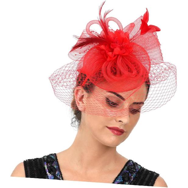 Alasum Mesh Floral Clip Headband, Red Cocktail Hair Accessory for Women, Wedding Tea Party Special Occasion Headwear