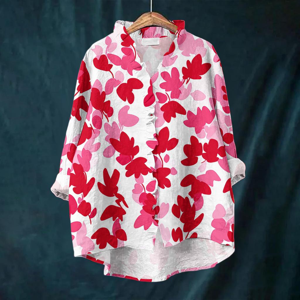 Women's Loose Ruffled Floral Print Stand Collar Long Sleeve Cotton And Linen Top