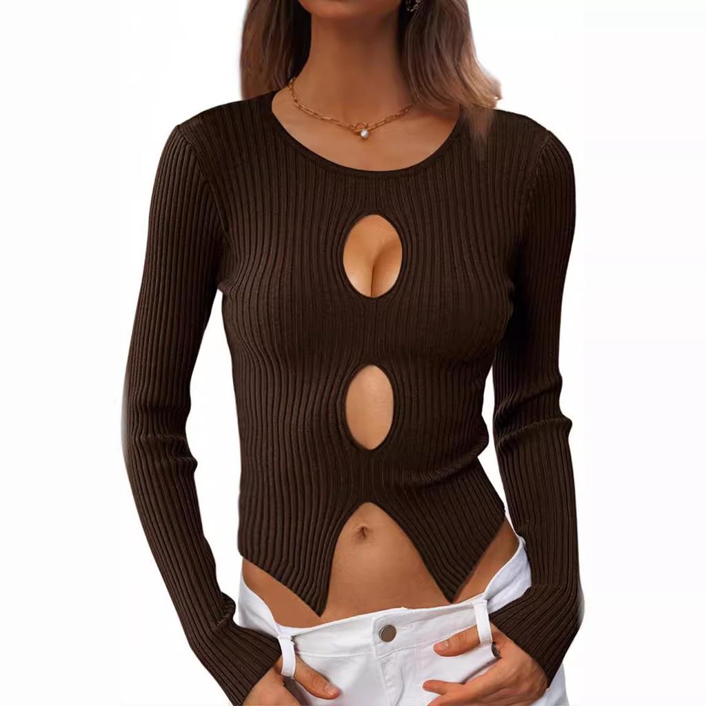 Women's Autumn Sexy Navel Top Ribbed Knit Pullover Jumper Slimming Blend Women Office Commute Comfortable and Versatile Undercoat Long Sleeves Sweater